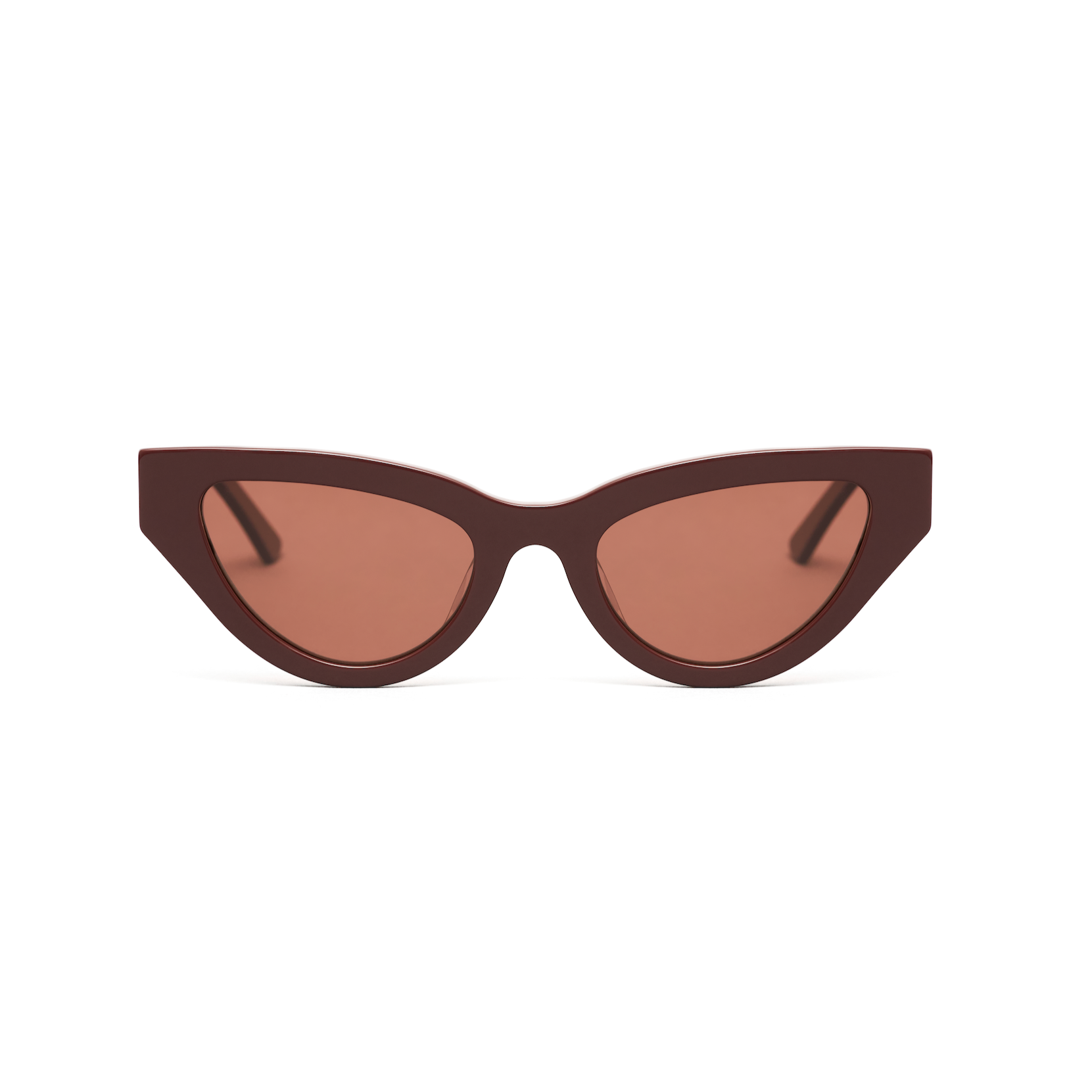 Front view of KayTran Eyewear Drew - Burgundy cat-eye sunglasses with tinted lenses on a white background.