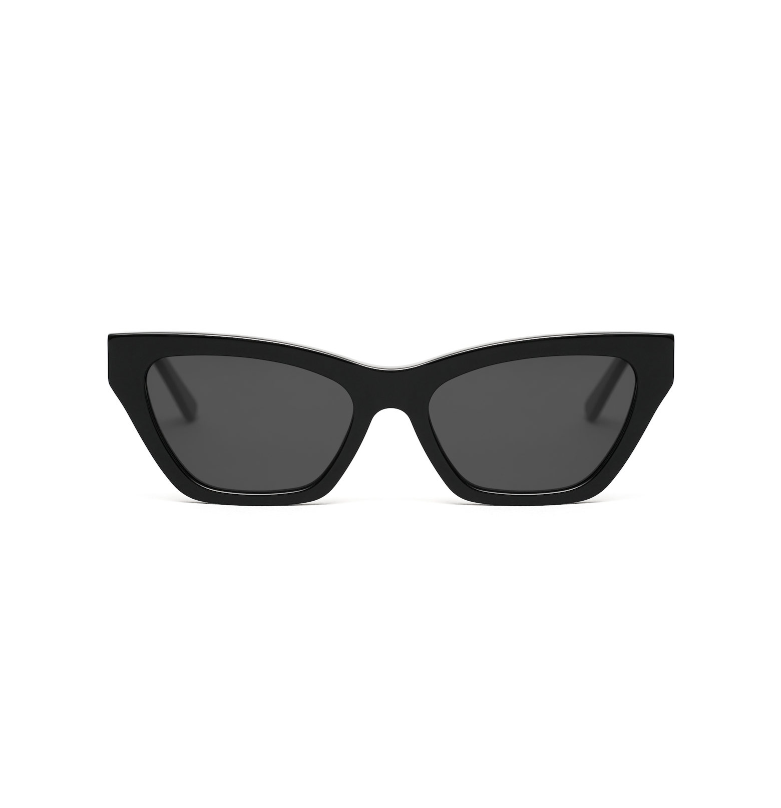 Kai - Polished Black cat-eye sunglasses by KayTran Eyewear, dark lenses, shown on a plain white background, facing forward.
