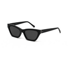 Kai - Polished Black by KayTran Eyewear: black rectangular sunglasses with thick frames, shown angled on white.