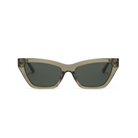Kai - Sage by KayTran Eyewear: green cat-eye sunglasses with thick clear frames and dark lenses on white background.