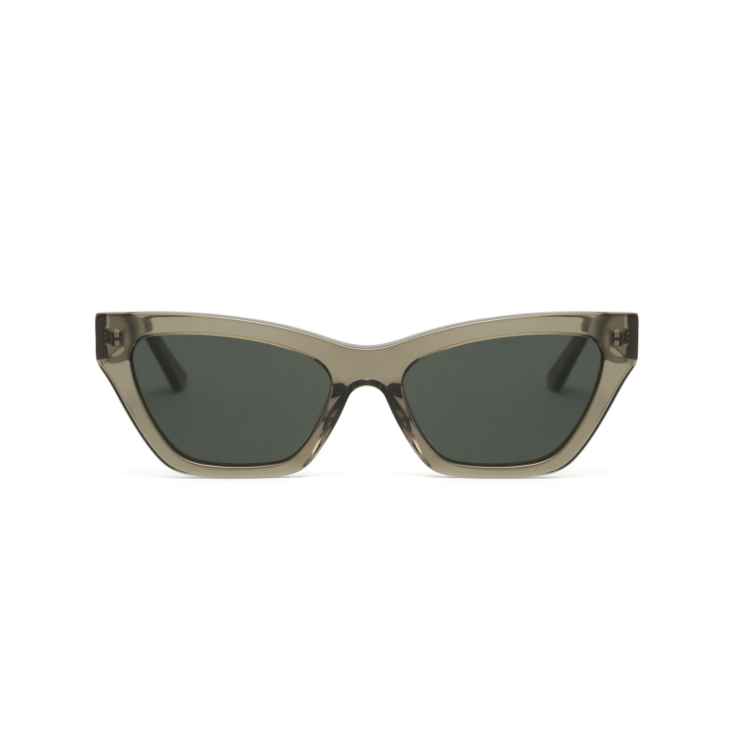 Kai - Sage by KayTran Eyewear: green cat-eye sunglasses with thick clear frames and dark lenses on white background.