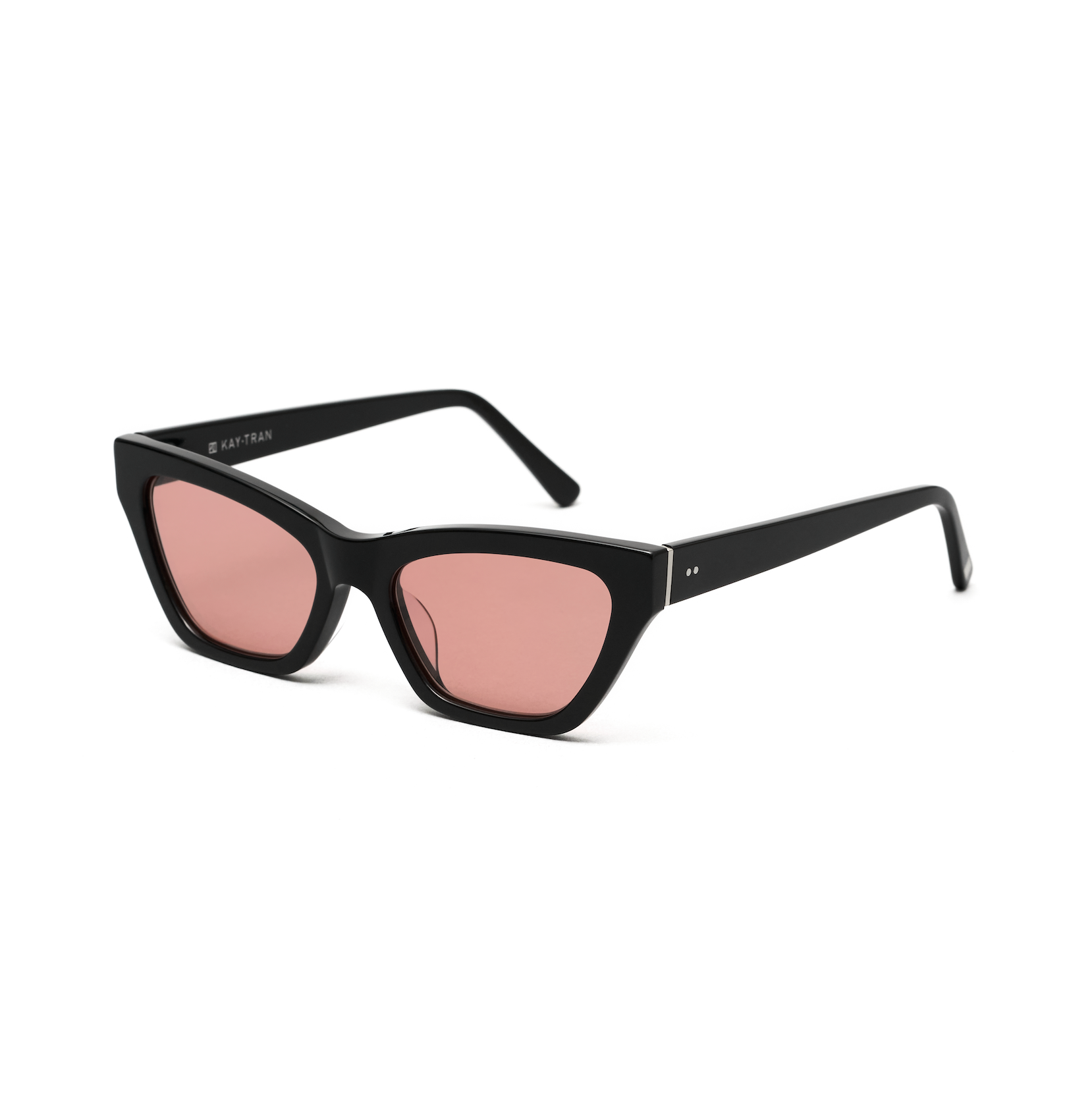 Kai - Black and Peach *Limited Edition* cat-eye sunglasses by KayTran Eyewear with thick frames and pink lenses.
