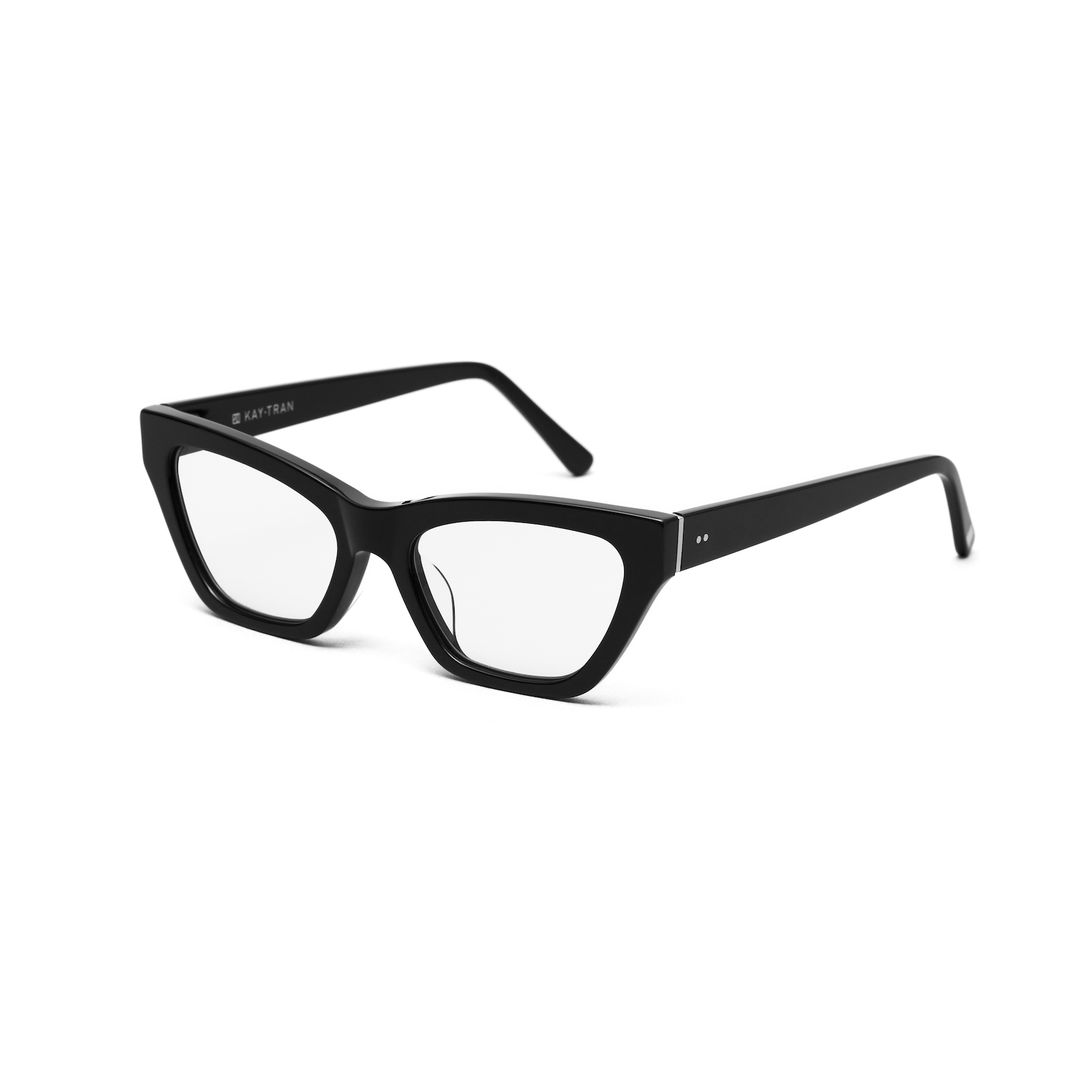 KayTran Eyewear Kai Optical—polished black rectangle frames with clear lenses and angled arms on a white background.