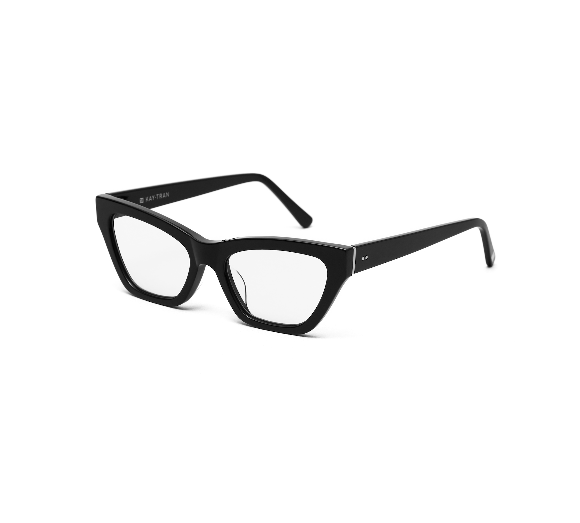 KayTran Eyewear Kai Optical—polished black rectangle frames with clear lenses and angled arms on a white background.