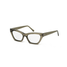 Kai Optical - Sage by KayTran Eyewear: translucent gray cat-eye frames with clear lenses on white background.