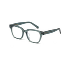 Charlie Optical - Sage by KayTran Eyewear: translucent teal rectangular eyeglasses with thick frames, angled view.