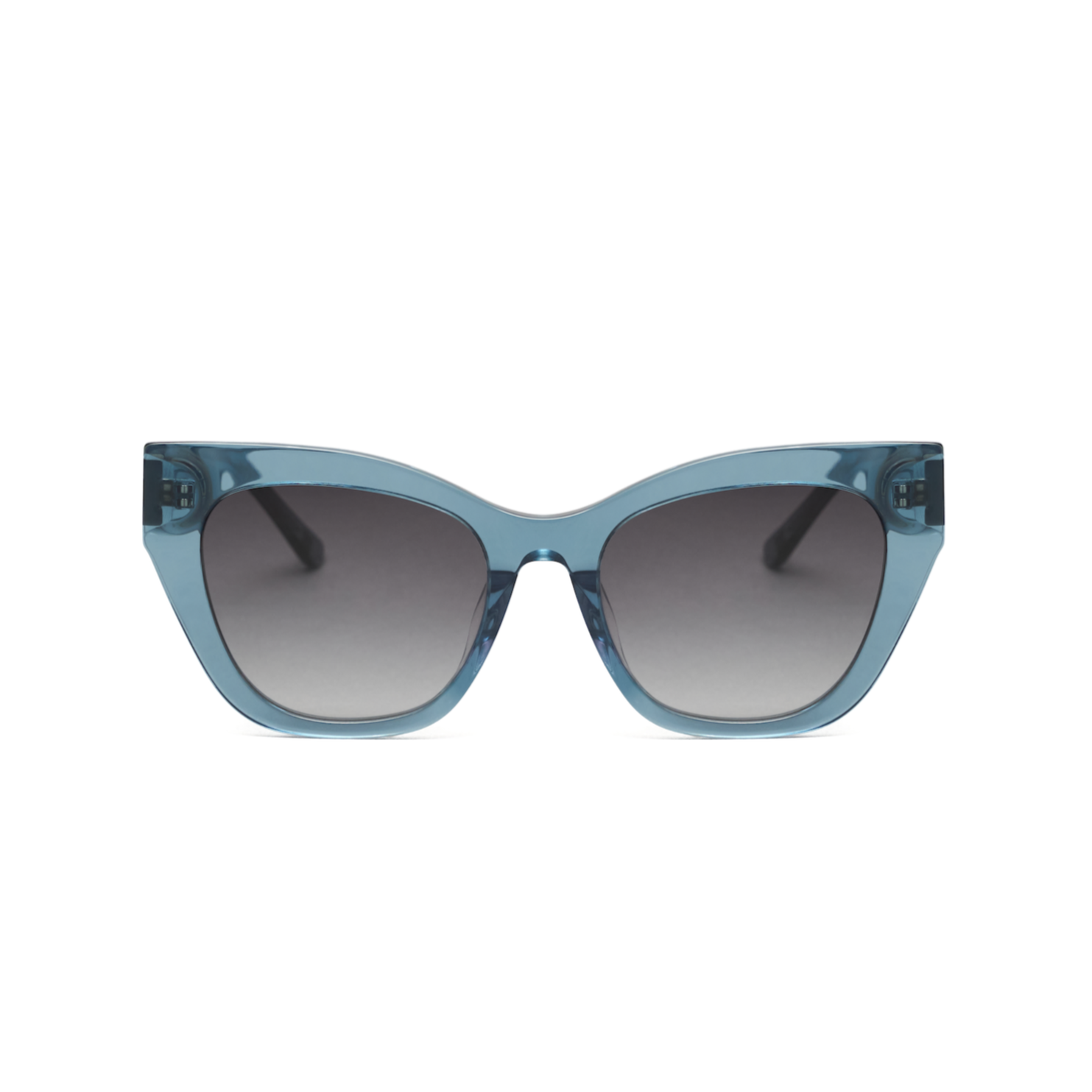 Front view of KayTran Eyewear Harper - Sea Pine blue cat-eye sunglasses with dark gradient lenses on white background.
