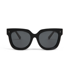 Rowan - Polished Black sunglasses by KayTran Eyewear with thick black frames and dark lenses, front view on white.