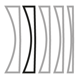 Six curved vertical shapes, the second in bold black and others light gray, represent KayTran Eyewears 1.5 Index lens.