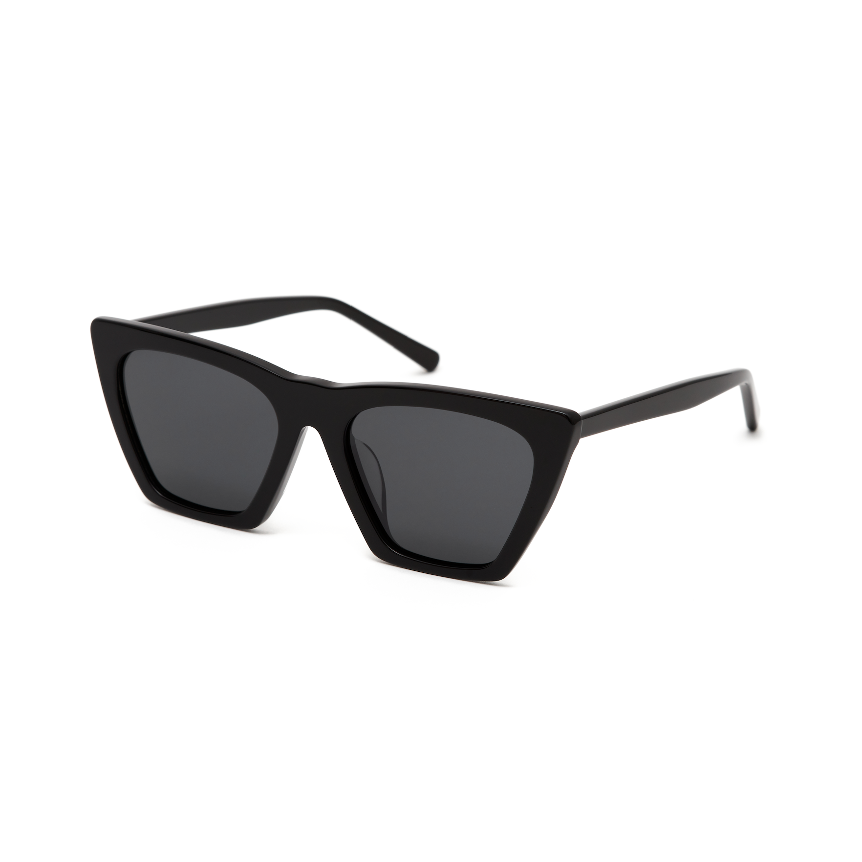 Frankie - Polished Black cat-eye sunglasses by KayTran Eyewear, with dark lenses and thick frames on white background.