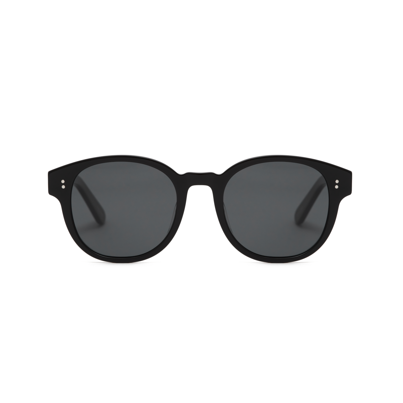 KayTran Eyewears Reese - Polished Black round sunglasses with dark lenses, front view on a white background.