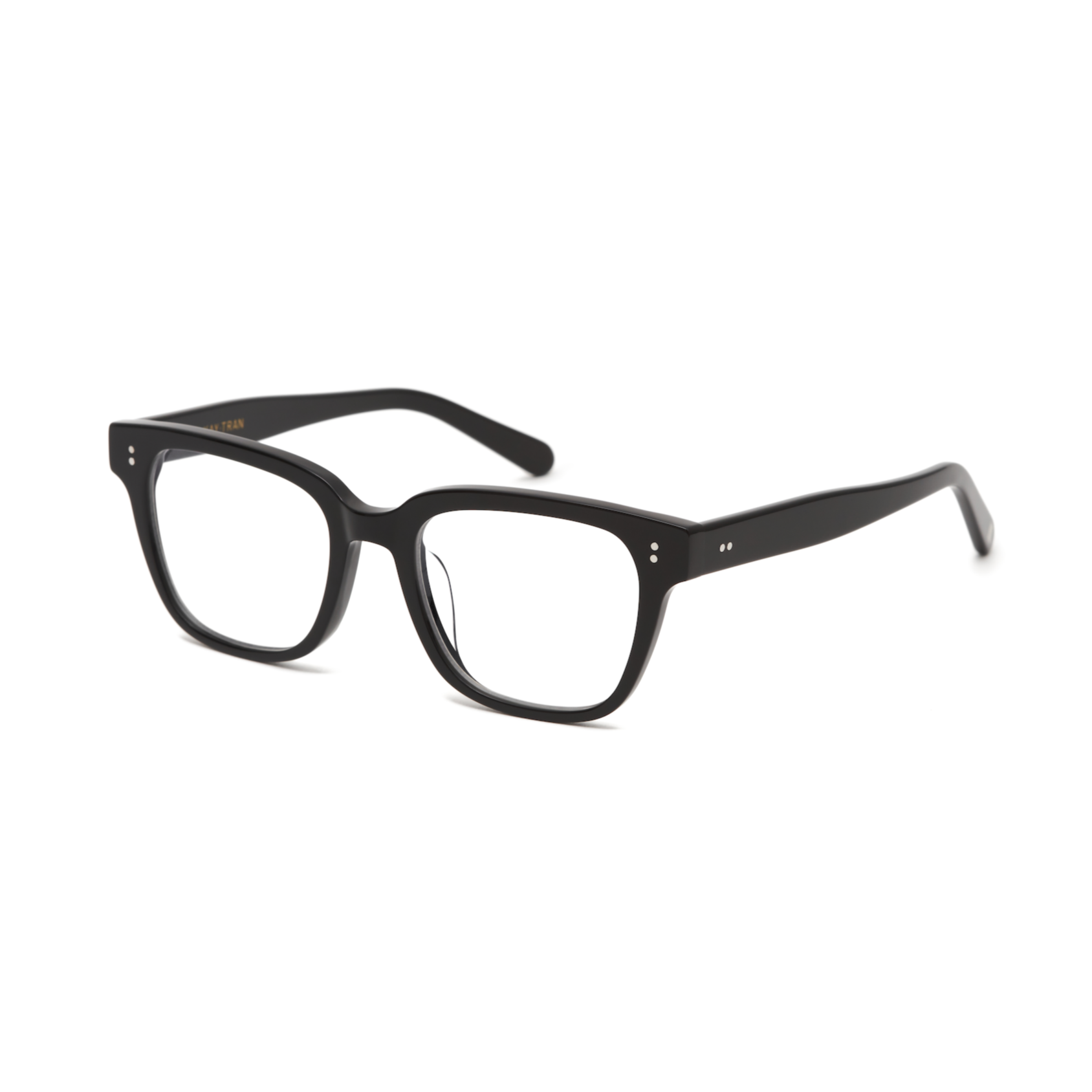 Charlie Optical by KayTran Eyewear: polished black rectangular frames with clear lenses, shown on a white background.