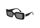 Brooks - Polished Black by KayTran Eyewear: rectangular sunglasses with gold temples, shown on a white background.