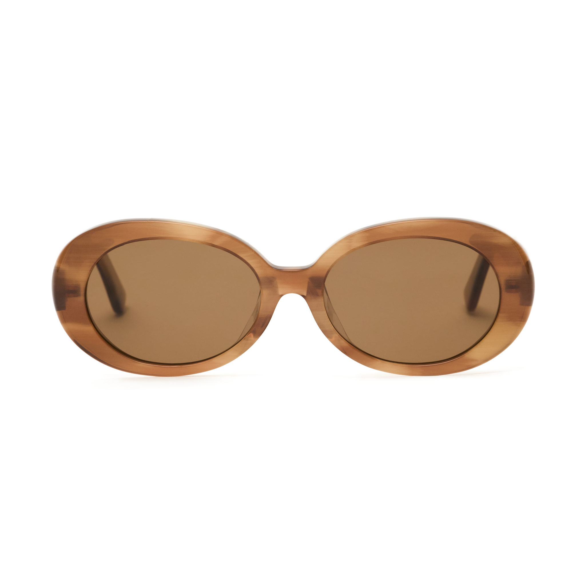Mara - Latte sunglasses by KayTran Eyewear have brown translucent oval frames and tinted lenses, shown on white.