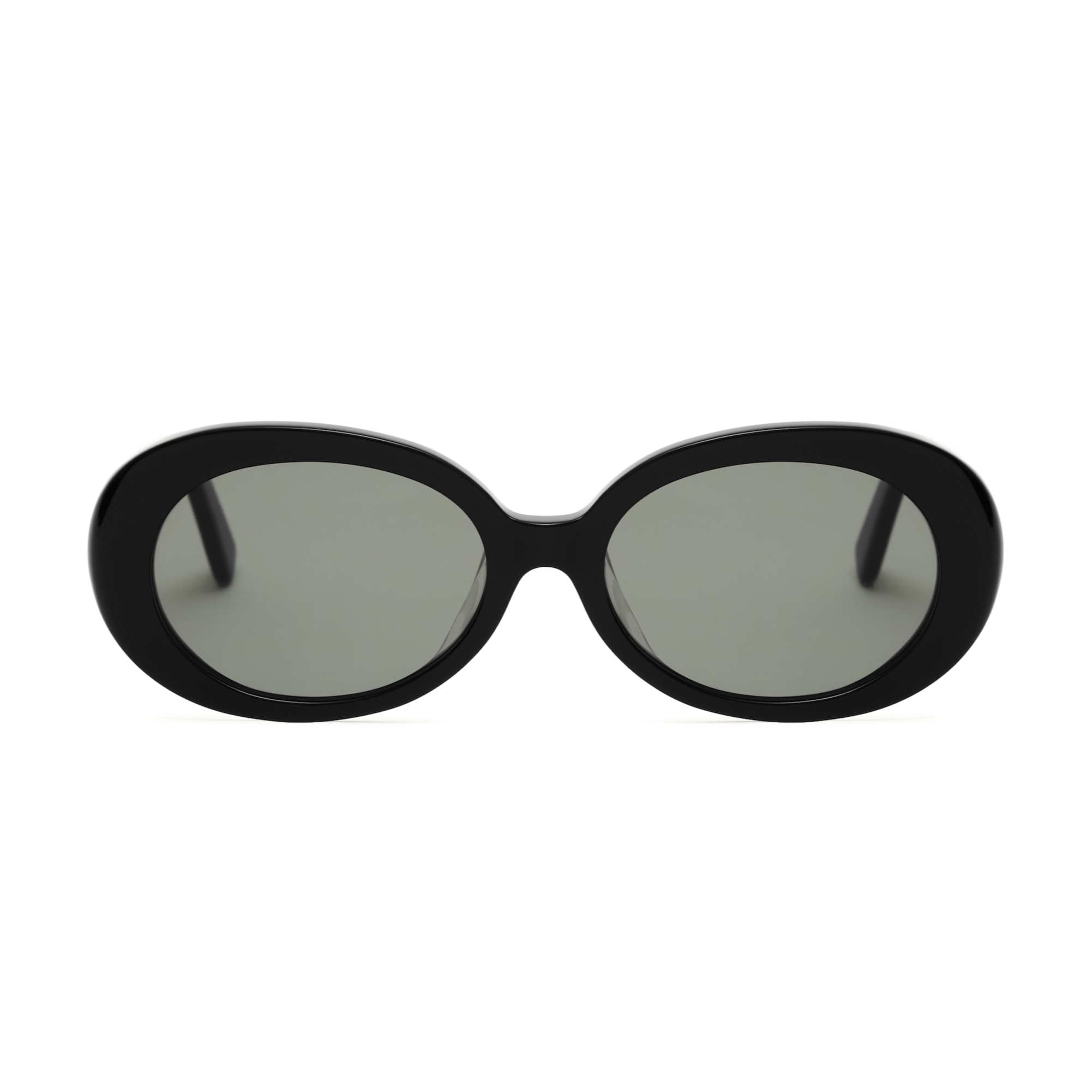 Mara - Polished Black oval sunglasses by KayTran Eyewear, shown front view with dark lenses against a plain background.