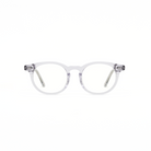 Bailey - Mist by KayTran Eyewear: clear, round eyeglasses with translucent frames on a plain white background.
