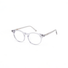 Bailey - Mist by KayTran Eyewear: clear-framed round prescription glasses shown angled on a white background.