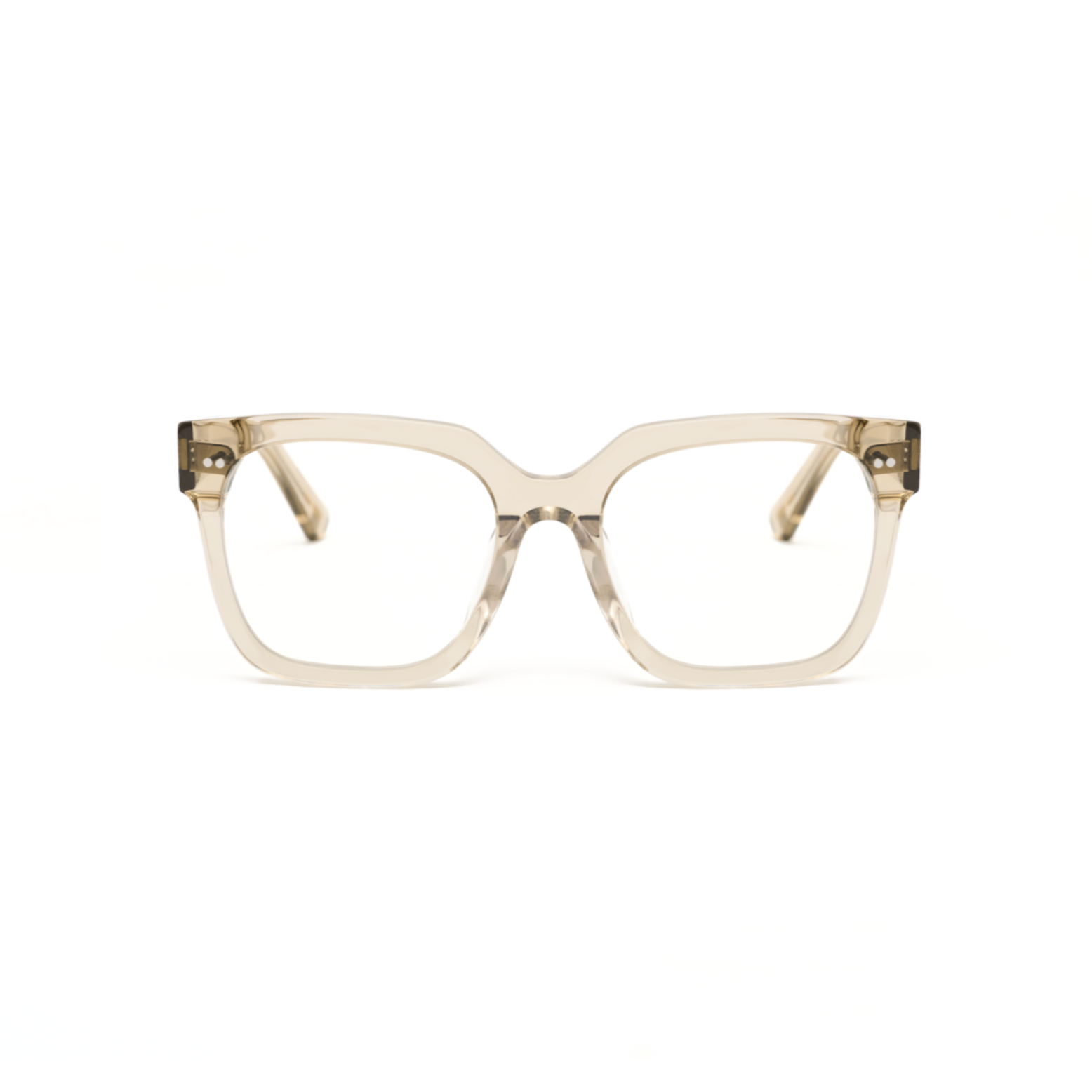 Andy - Sand square eyeglasses by KayTran Eyewear, clear frames and lenses, shown front-facing on white background.