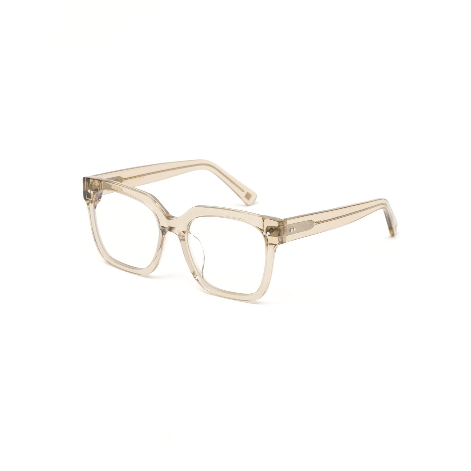 Andy - Sand by KayTran Eyewear: clear, rectangular eyeglasses with thick beige-tinted frames on a white background.