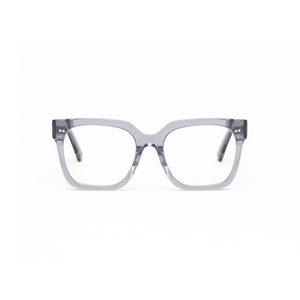 Andy - Folkstone Grey by KayTran Eyewear: clear gray square thick-frame eyeglasses shown from the front on white.