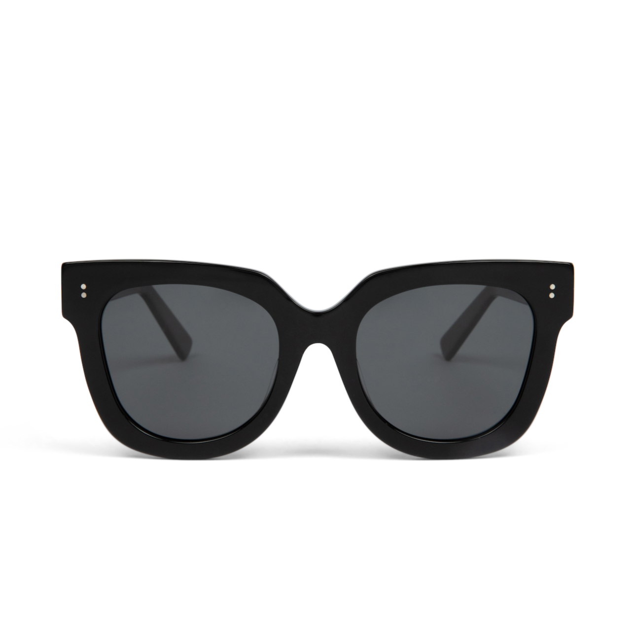 Rowan - Polished Black sunglasses by KayTran Eyewear with thick black frames and dark lenses, front view on white.