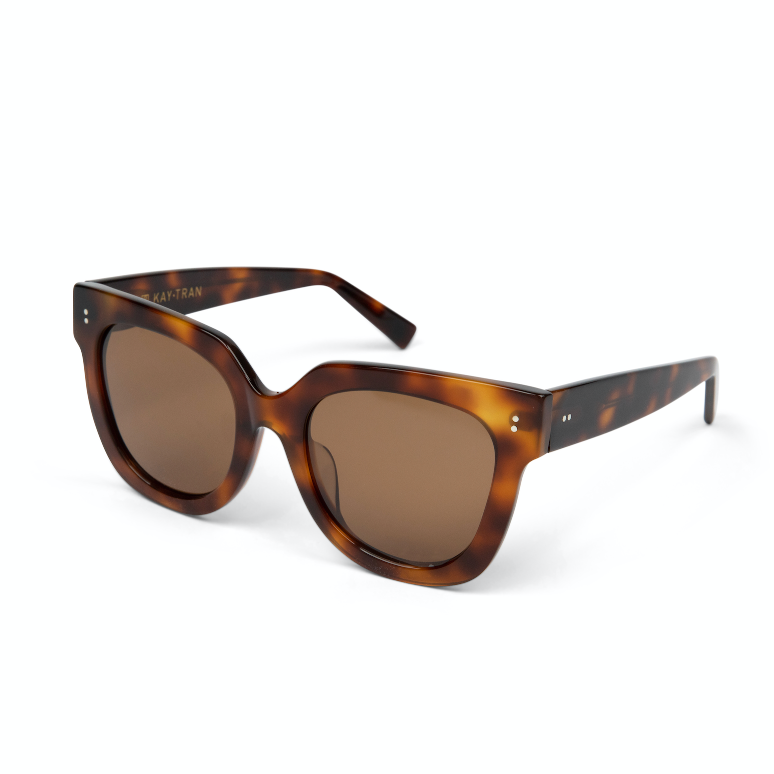 Rowan - Honey Tortoise sunglasses by KayTran Eyewear with square frames and dark lenses shown on a white background.