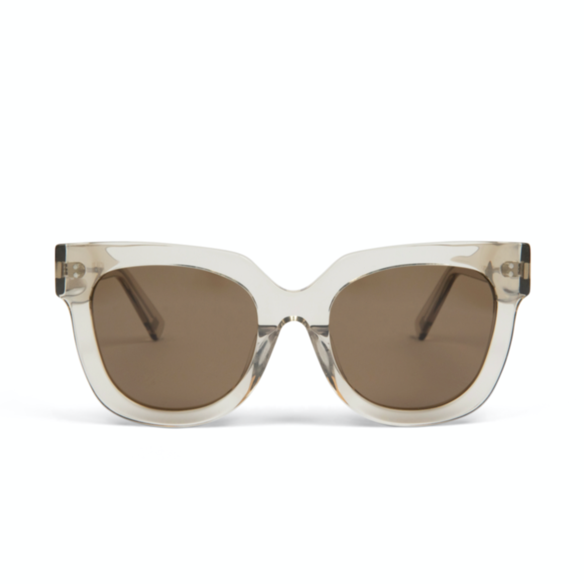 Front view of KayTran Eyewears Rowan - Sand: clear, thick frames, brown-tinted lenses, and wide arms.