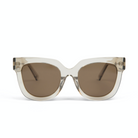 Front view of KayTran Eyewears Rowan - Sand: clear, thick frames, brown-tinted lenses, and wide arms.
