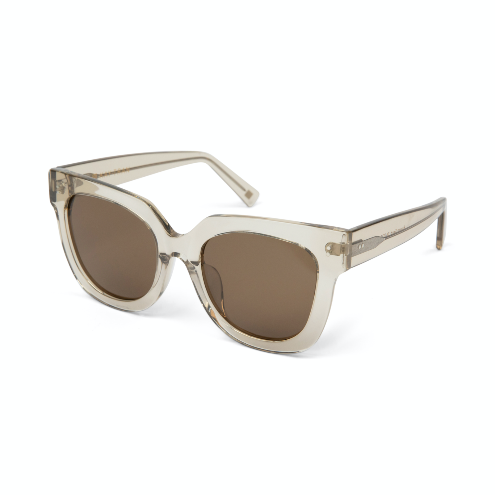 Rowan - Sand sunglasses by KayTran Eyewear feature square, translucent gray frames and dark lenses on a white background.