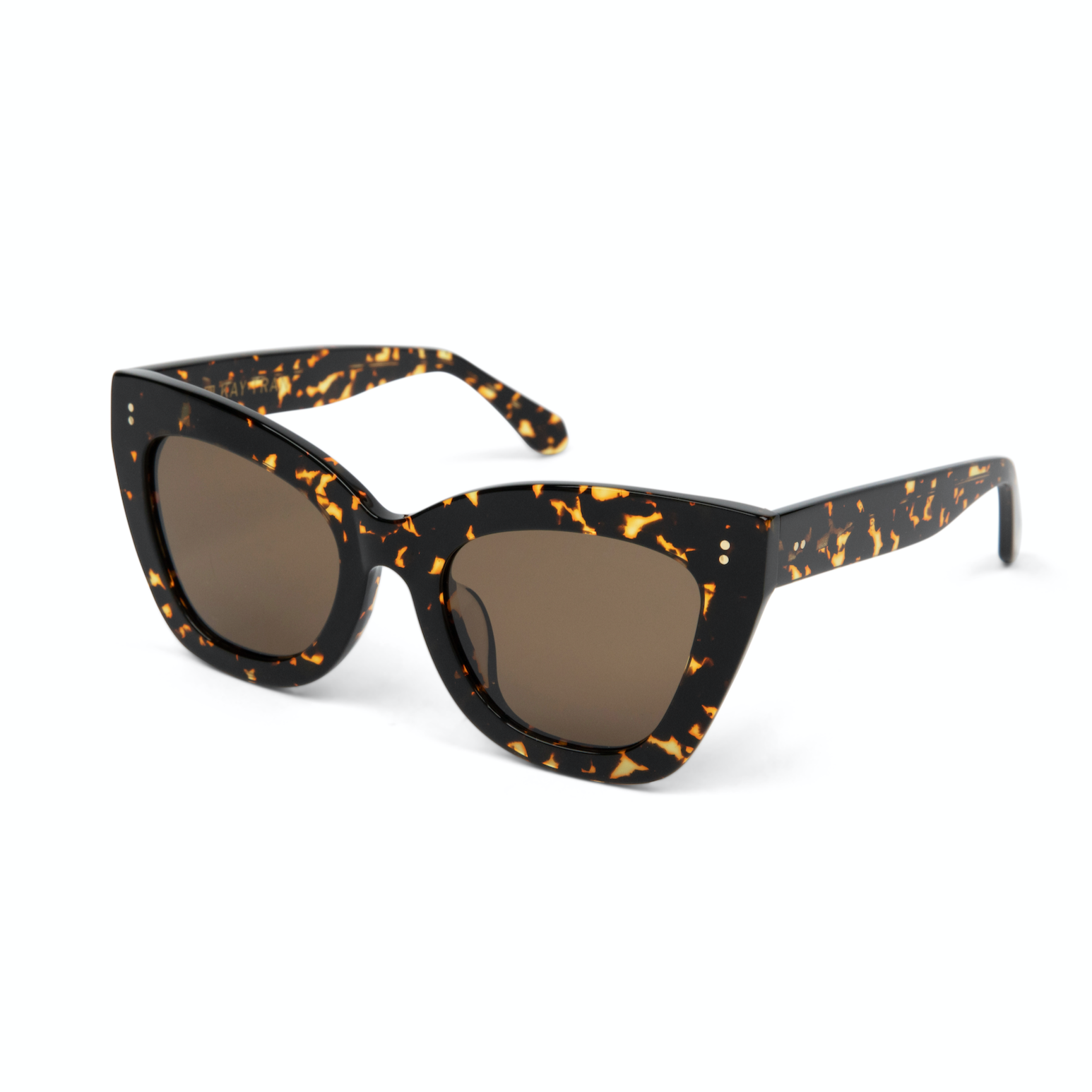 KayTran Eyewears Arlo - Amber Scale Tort cat-eye sunglasses with dark lenses, shown on a white background.