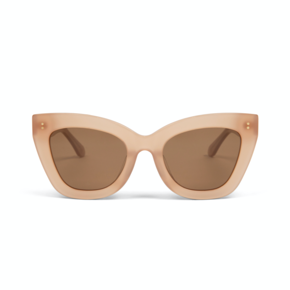 Arlo - Milky Blush cat-eye sunglasses by KayTran Eyewear with brown lenses and gold rivets, shown on white.